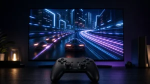 Black generic game controller on a desk in front of a large television showing a neon-lit futuristic racing scene with motion trails.