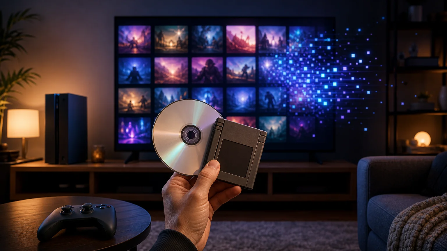 A hand holds a game disc and cartridge in front of a television showing a grid of colorful fictional game images dissolving into blue digital pixels, with a console and controller nearby.