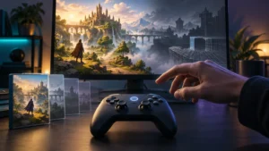 A hand reaches toward an unbranded game controller on a desk beneath a monitor showing a fantasy game world that transitions from a finished sunlit castle landscape into a dark wireframe environment; several translucent game cases stand beside the controller.