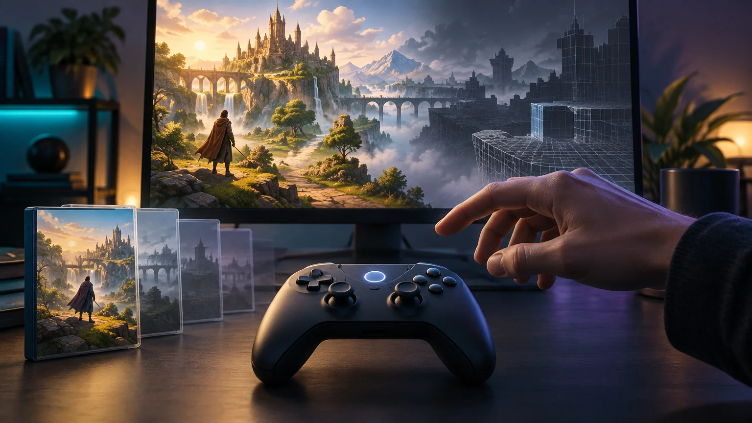 A hand reaches toward an unbranded game controller on a desk beneath a monitor showing a fantasy game world that transitions from a finished sunlit castle landscape into a dark wireframe environment; several translucent game cases stand beside the controller.