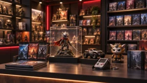 Gaming collectibles display with trading card packs, boxed games, figurines, a toy truck, and a small handheld device on a counter before shelves of game cases.