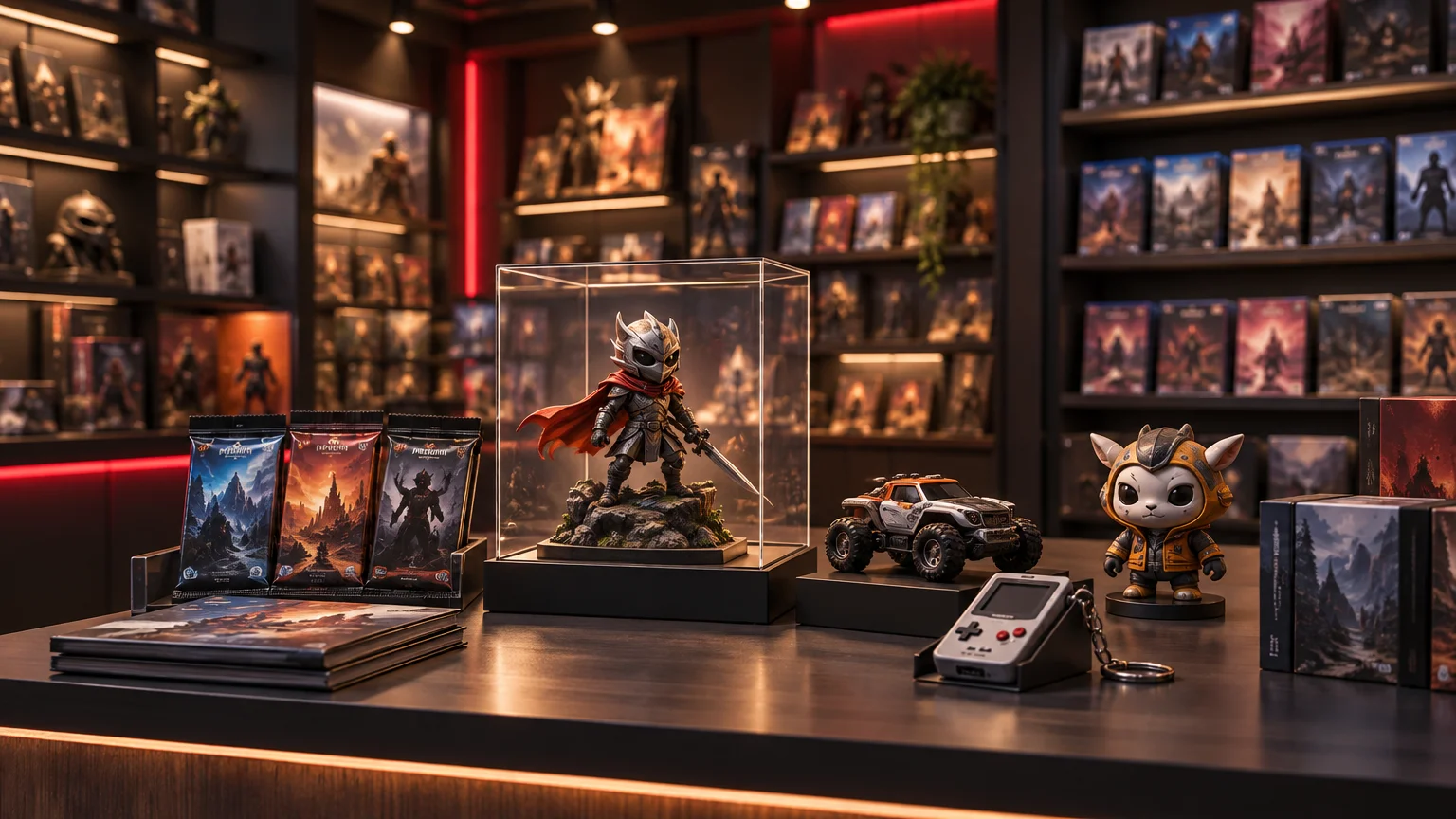 Gaming collectibles display with trading card packs, boxed games, figurines, a toy truck, and a small handheld device on a counter before shelves of game cases.