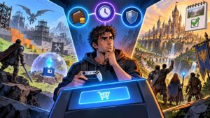 Comic-book-style illustration of a gamer considering a purchase, holding a controller above a glowing shopping cart while an unfinished fantasy world on the left contrasts with a completed castle world on the right; wallet, clock, shield, and checklist icons float overhead.