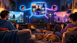 Comic-book-style living room scene with two people playing games on separate TVs beside tall white game consoles, linked by glowing blue and purple streams to a floating grid of game images and a lock icon; a dog sleeps on the rug.