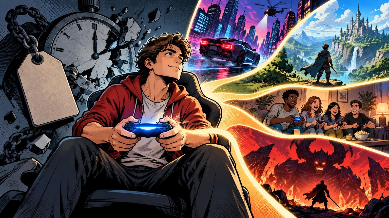 Comic-book-style illustration of a gamer holding a glowing controller in front of a cracked pocket watch and blank price tag, surrounded by scenes of a futuristic racing city, fantasy castle landscape, friends playing together, and a fiery monster battle.