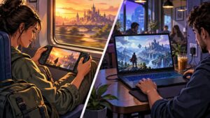 Comic-book-style split scene showing a woman playing a handheld gaming PC on a train beside a sunset window, contrasted with a man using a gaming laptop at a café table.