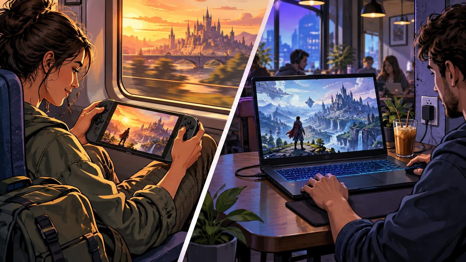 Comic-book-style split scene showing a woman playing a handheld gaming PC on a train beside a sunset window, contrasted with a man using a gaming laptop at a café table.
