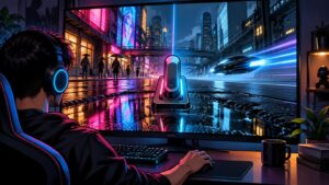 Comic-style illustration of a headphone-wearing gamer at a desk watching a neon, rain-soaked futuristic city with bright reflections on a large monitor.