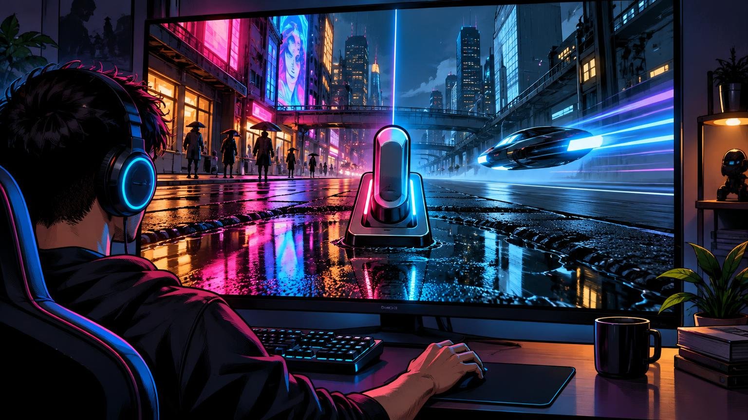 Comic-style illustration of a headphone-wearing gamer at a desk watching a neon, rain-soaked futuristic city with bright reflections on a large monitor.