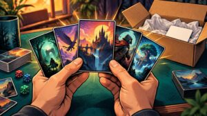 Comic-book-style illustration of hands holding five fantasy trading cards over a green tabletop, with dice, card stacks, a mug, and open shipping boxes in the background.