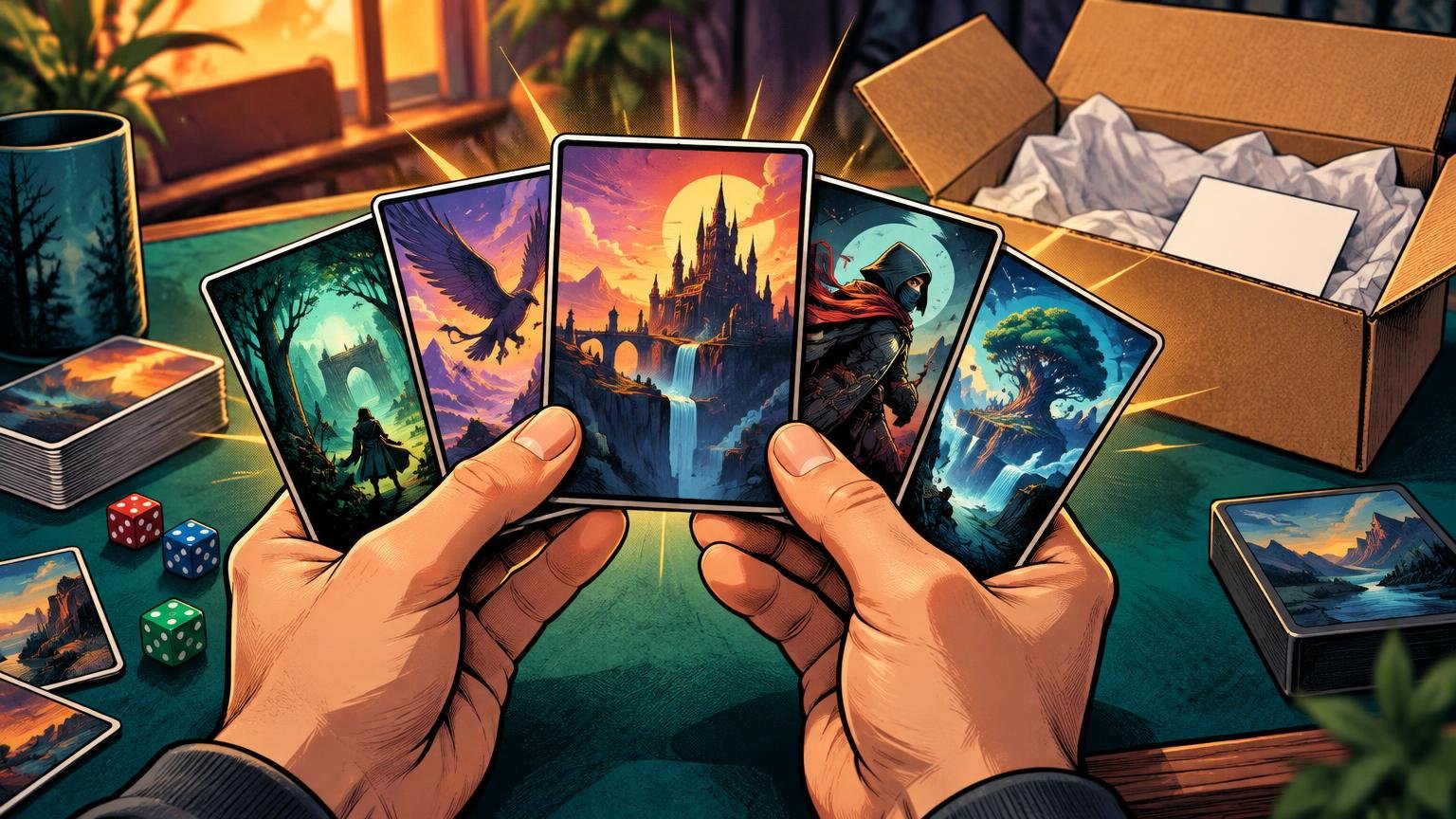 Comic-book-style illustration of hands holding five fantasy trading cards over a green tabletop, with dice, card stacks, a mug, and open shipping boxes in the background.